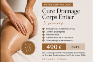 Cure Drainage Corps Entier – Offre Rentrée 2026 – 5 séances de drainage lymphatique corps entier à 490 € au lieu de 750 € chez Brookee Studio à Roissy-en-Brie.