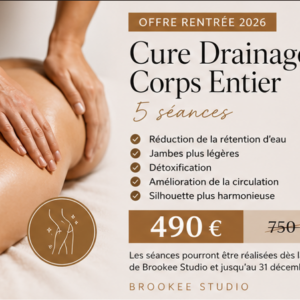 Cure Drainage Corps Entier – Offre Rentrée 2026 – 5 séances de drainage lymphatique corps entier à 490 € au lieu de 750 € chez Brookee Studio à Roissy-en-Brie.